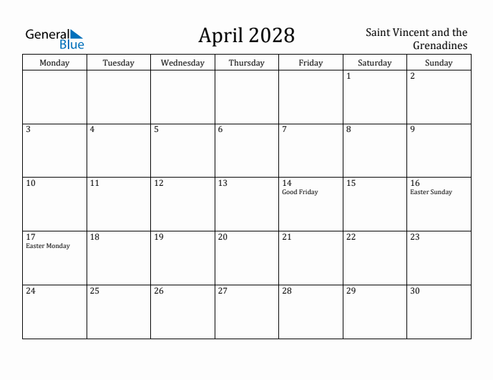 April 2028 Calendar Saint Vincent and the Grenadines