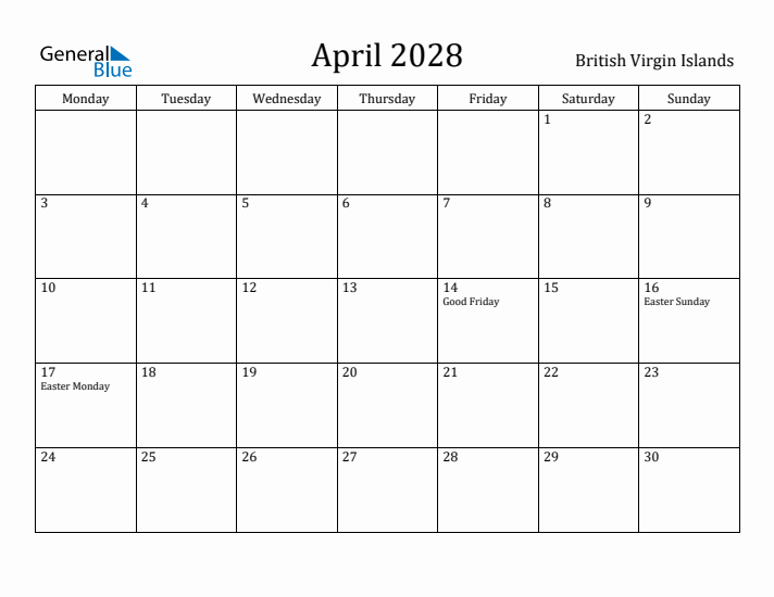 April 2028 Calendar British Virgin Islands