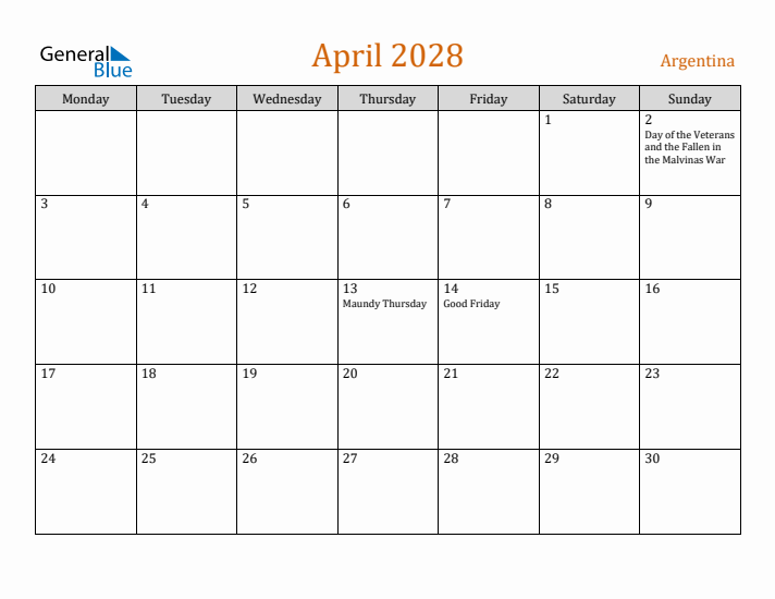 April 2028 Holiday Calendar with Monday Start