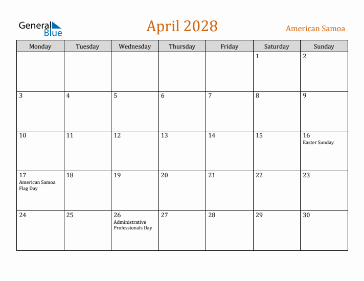 April 2028 Holiday Calendar with Monday Start