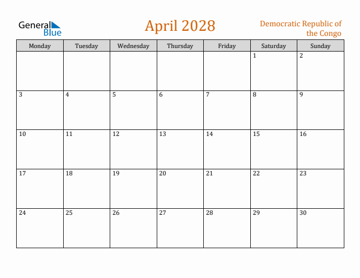 April 2028 Holiday Calendar with Monday Start