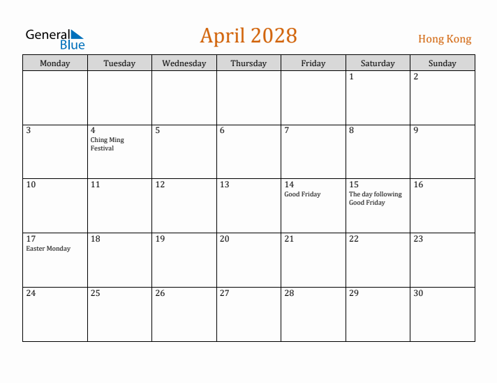 April 2028 Holiday Calendar with Monday Start