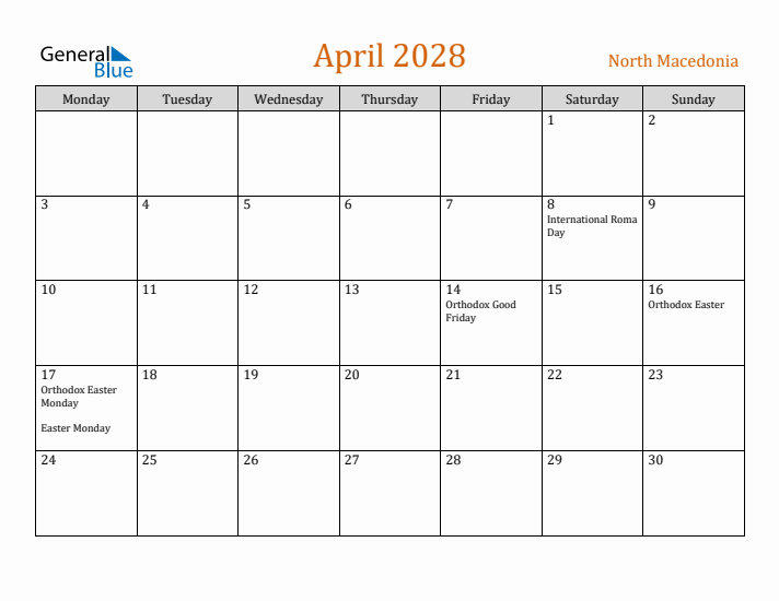 April 2028 Holiday Calendar with Monday Start