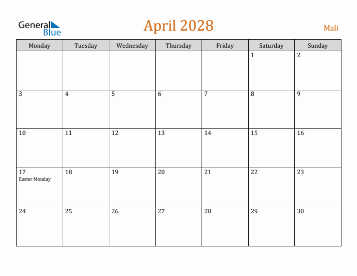 April 2028 Holiday Calendar with Monday Start