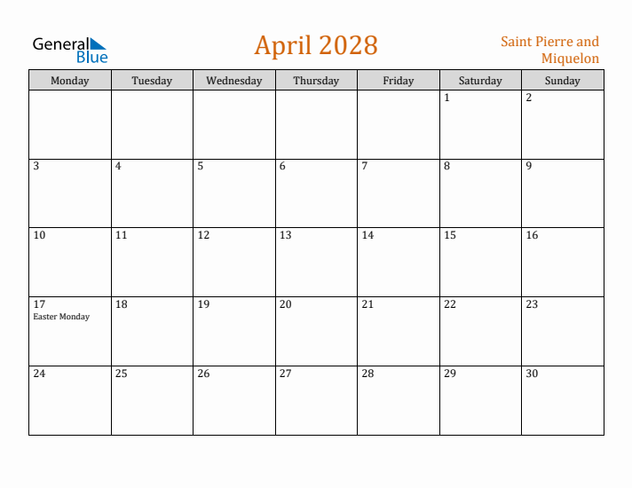 April 2028 Holiday Calendar with Monday Start