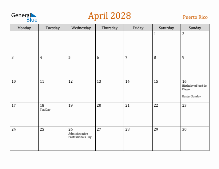 April 2028 Holiday Calendar with Monday Start