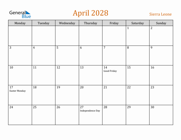 April 2028 Holiday Calendar with Monday Start