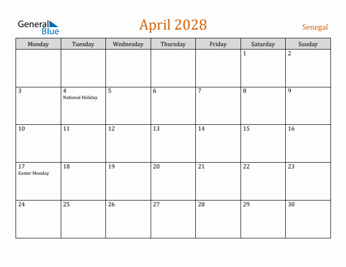 April 2028 Holiday Calendar with Monday Start