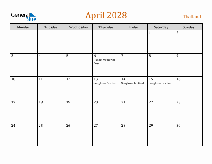 April 2028 Holiday Calendar with Monday Start