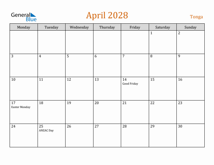 April 2028 Holiday Calendar with Monday Start