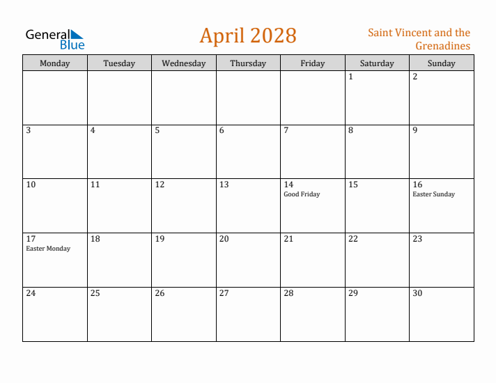 April 2028 Holiday Calendar with Monday Start