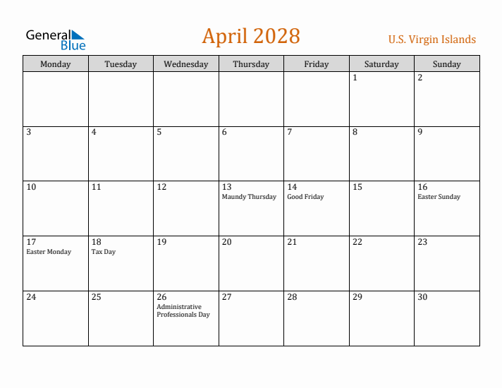April 2028 Holiday Calendar with Monday Start