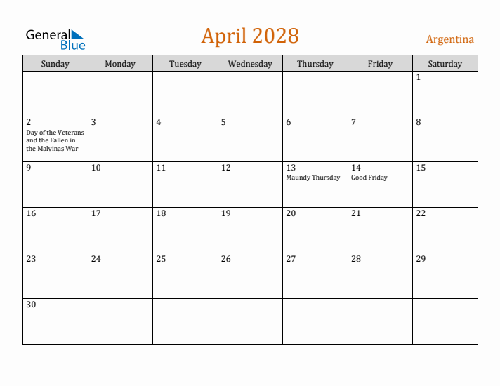 April 2028 Holiday Calendar with Sunday Start