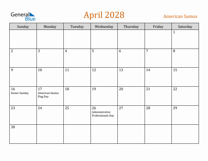 April 2028 Holiday Calendar with Sunday Start