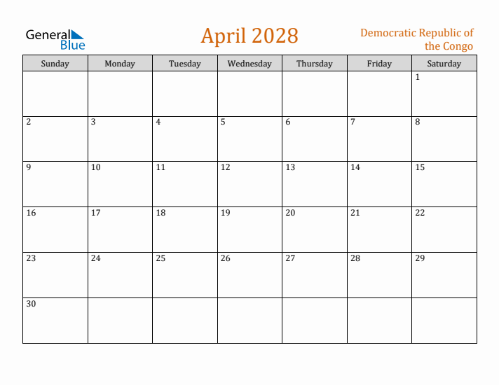 April 2028 Holiday Calendar with Sunday Start