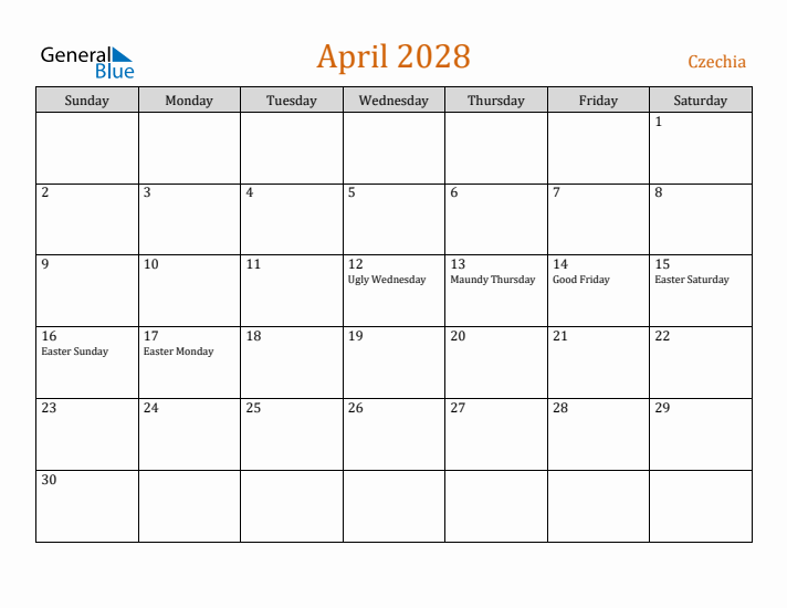 April 2028 Holiday Calendar with Sunday Start