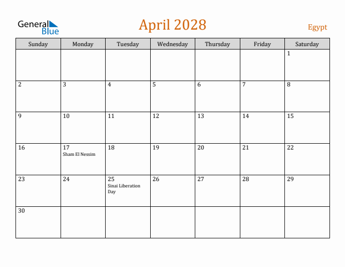 April 2028 Holiday Calendar with Sunday Start