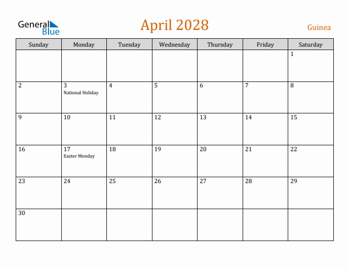 April 2028 Holiday Calendar with Sunday Start