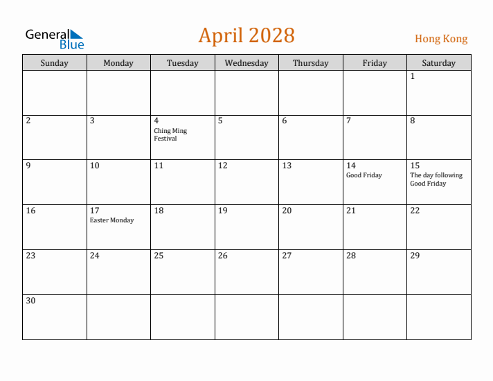 April 2028 Holiday Calendar with Sunday Start