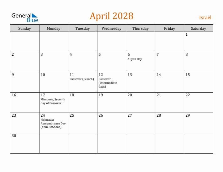 April 2028 Holiday Calendar with Sunday Start