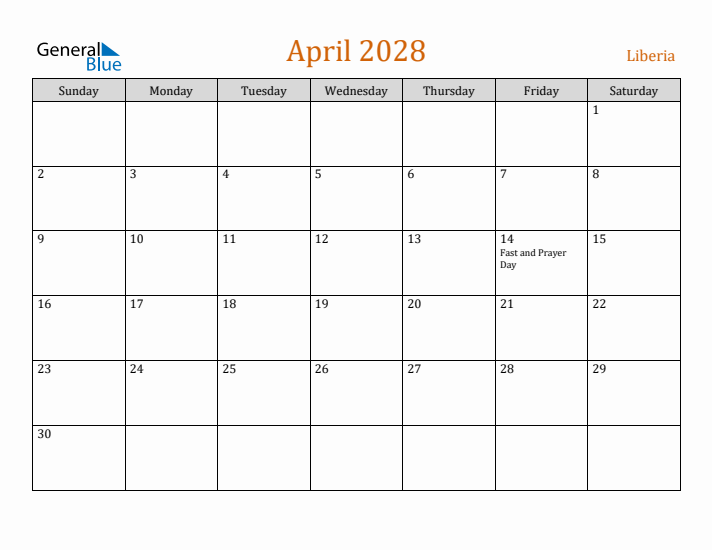April 2028 Holiday Calendar with Sunday Start