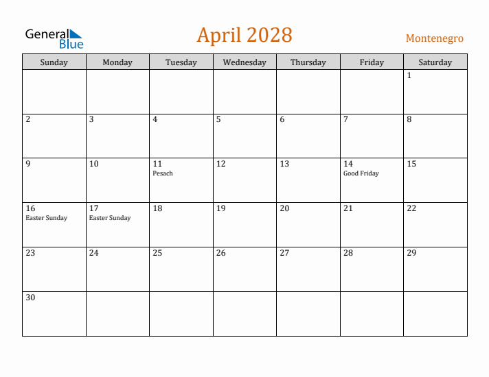 April 2028 Holiday Calendar with Sunday Start