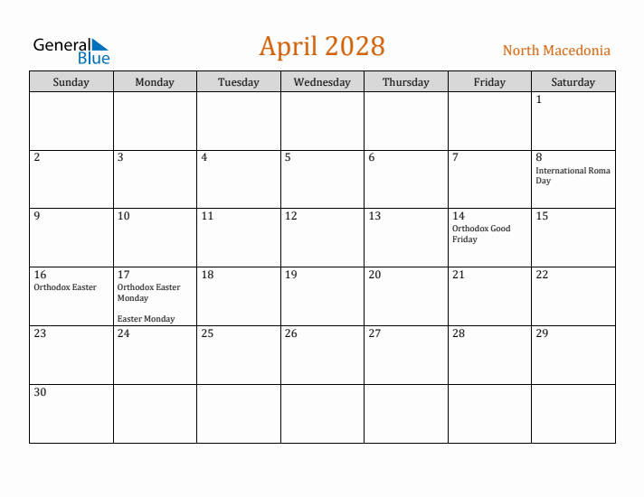 April 2028 Holiday Calendar with Sunday Start