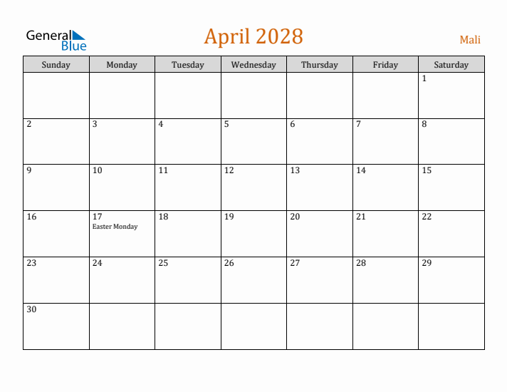 April 2028 Holiday Calendar with Sunday Start