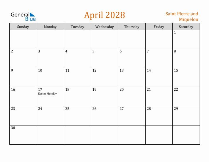 April 2028 Holiday Calendar with Sunday Start
