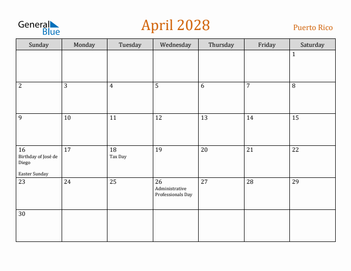 April 2028 Holiday Calendar with Sunday Start