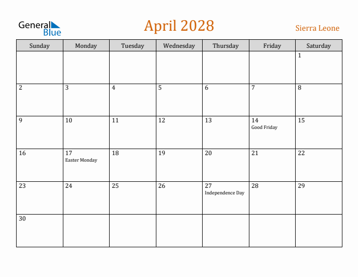 April 2028 Holiday Calendar with Sunday Start