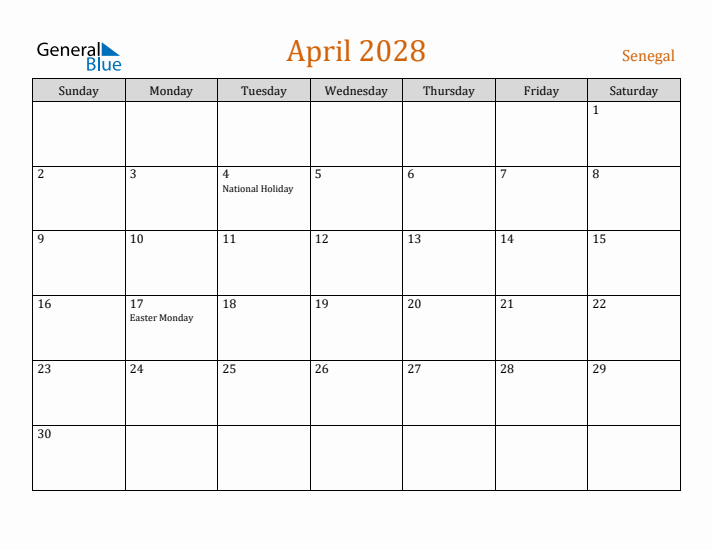 April 2028 Holiday Calendar with Sunday Start