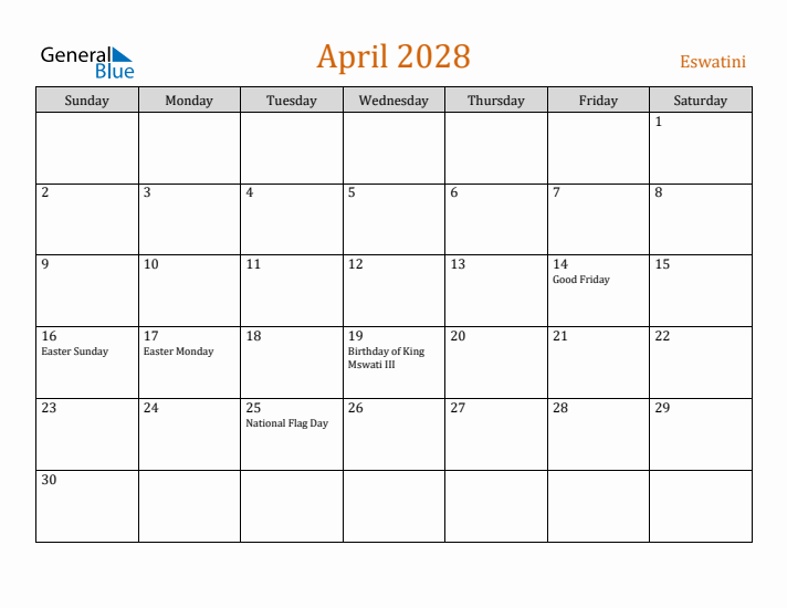 April 2028 Holiday Calendar with Sunday Start