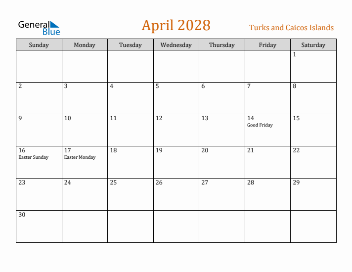 April 2028 Holiday Calendar with Sunday Start