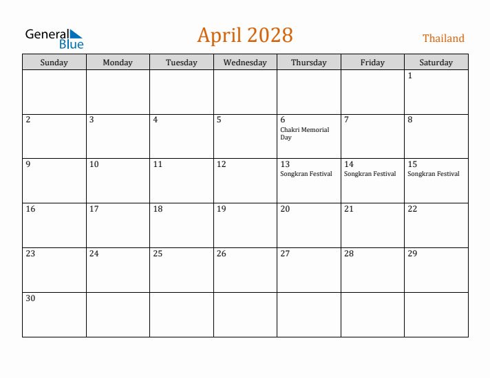 April 2028 Holiday Calendar with Sunday Start