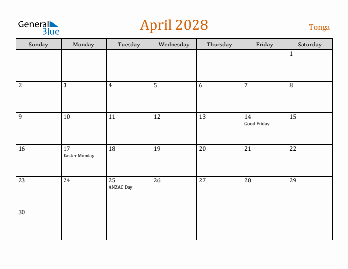April 2028 Holiday Calendar with Sunday Start