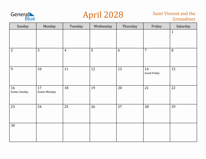 April 2028 Holiday Calendar with Sunday Start