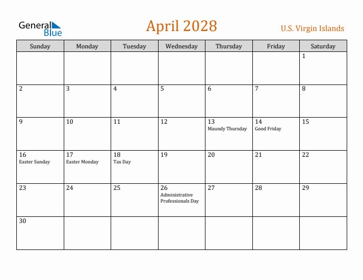 April 2028 Holiday Calendar with Sunday Start
