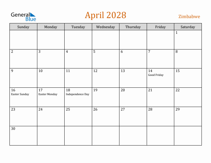 April 2028 Holiday Calendar with Sunday Start