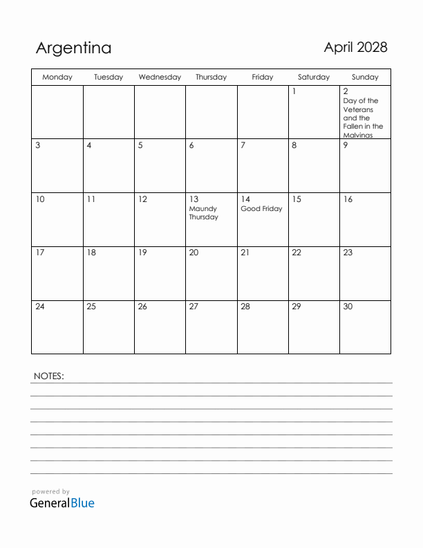 April 2028 Argentina Calendar with Holidays (Monday Start)