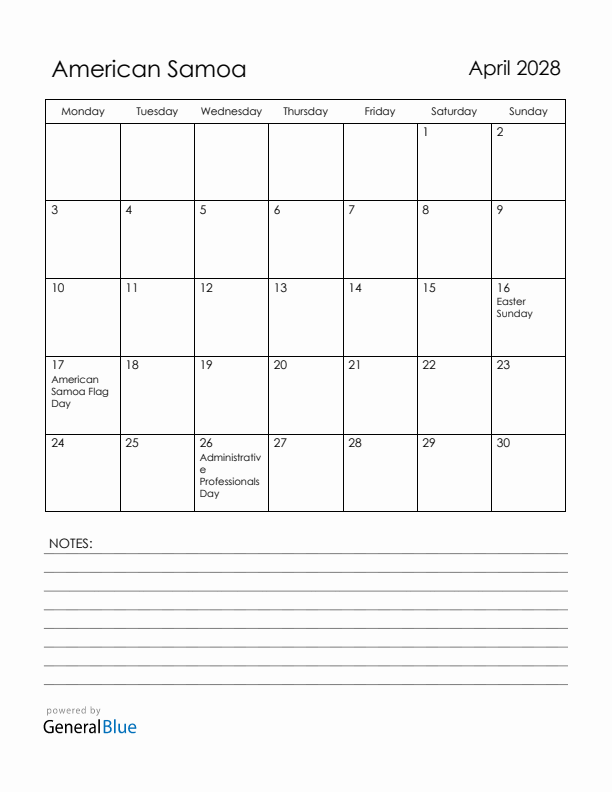 April 2028 American Samoa Calendar with Holidays (Monday Start)