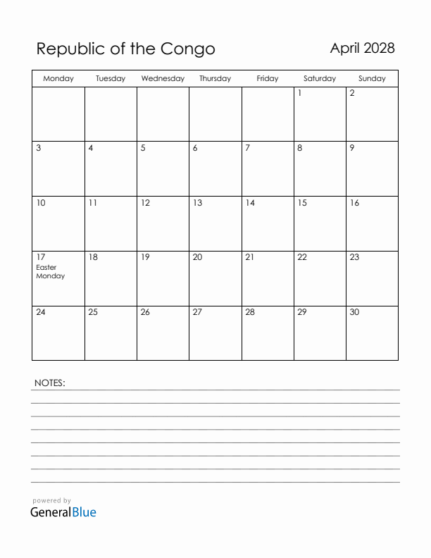 April 2028 Republic of the Congo Calendar with Holidays (Monday Start)