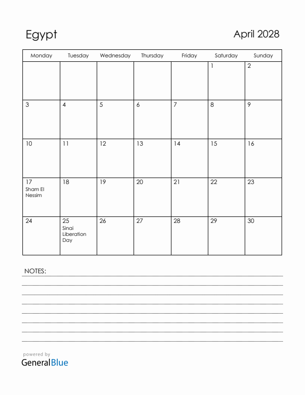 April 2028 Egypt Calendar with Holidays (Monday Start)