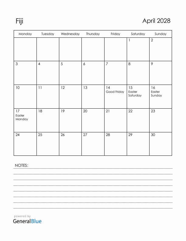April 2028 Fiji Calendar with Holidays (Monday Start)
