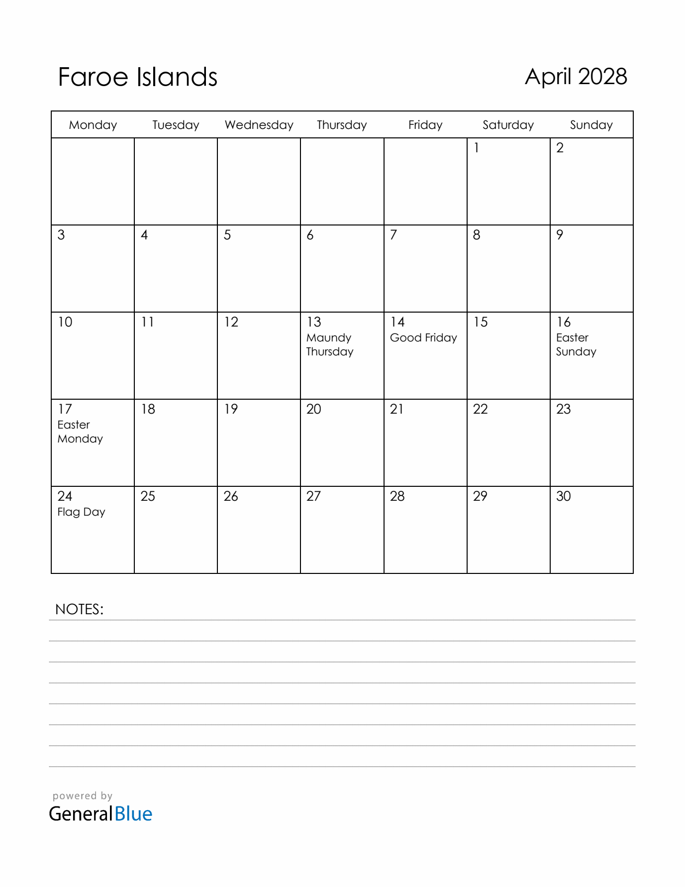 April 2028 Faroe Islands Calendar with Holidays (Monday Start)