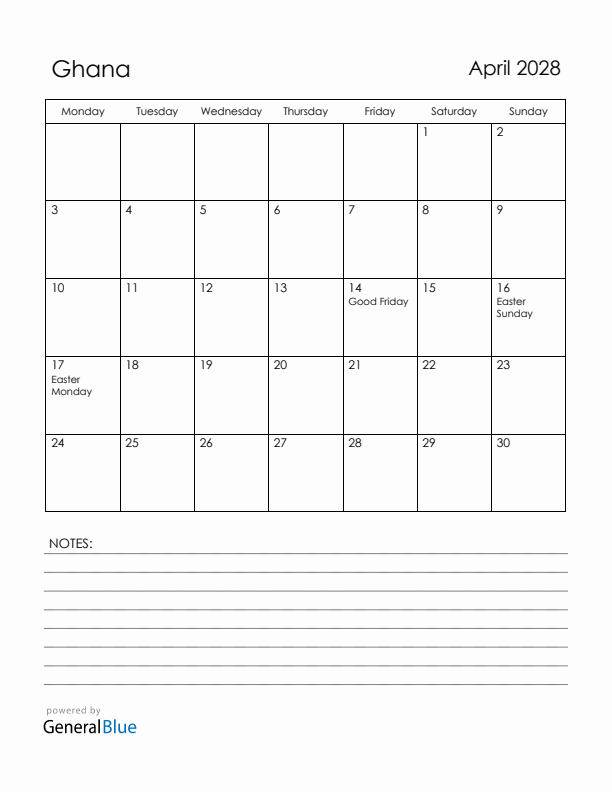April 2028 Ghana Calendar with Holidays (Monday Start)