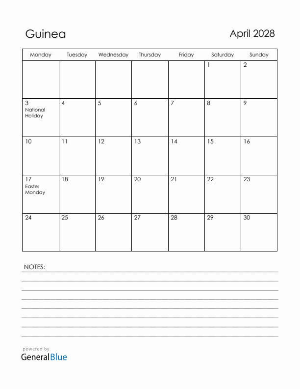 April 2028 Guinea Calendar with Holidays (Monday Start)