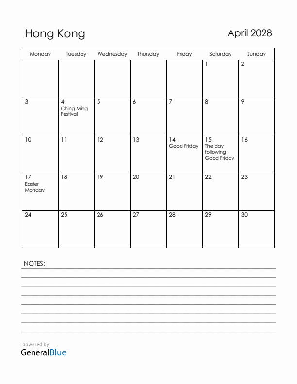 April 2028 Hong Kong Calendar with Holidays (Monday Start)