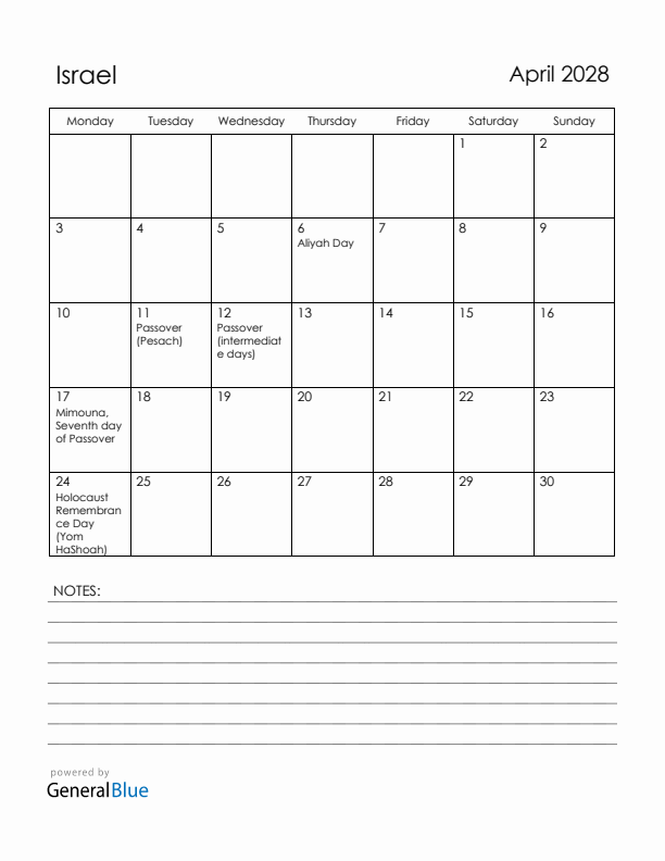 April 2028 Israel Calendar with Holidays (Monday Start)
