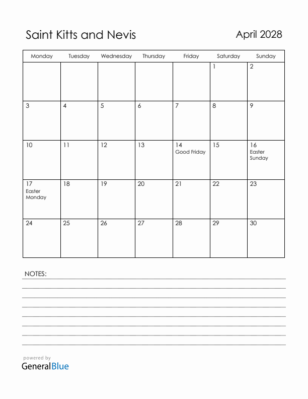 April 2028 Saint Kitts and Nevis Calendar with Holidays (Monday Start)